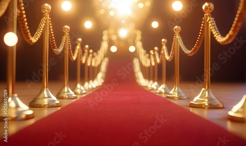 Royal Carpet Walkway: The grand red carpet, meticulously lined with gold stanchions, leads the eye toward the bright lights, evoking the essence of a premiere event and the path to stardom.