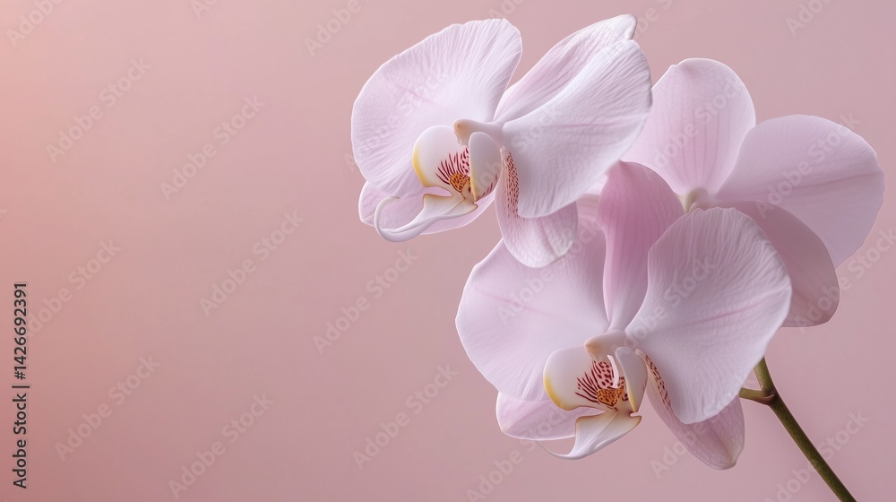 Fototapeta premium Elegant white orchids against a soft pink background highlight natural beauty and tranquility