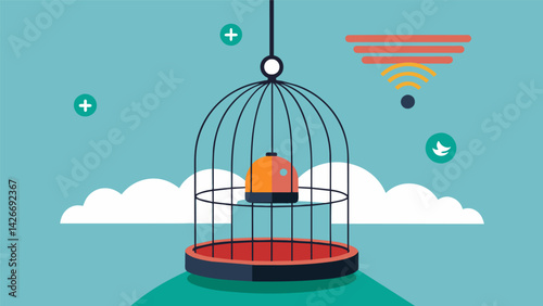 A bird cage with builtin sensors that detect when your bird needs more food or water ensuring their basic needs are always met.. Vector illustration