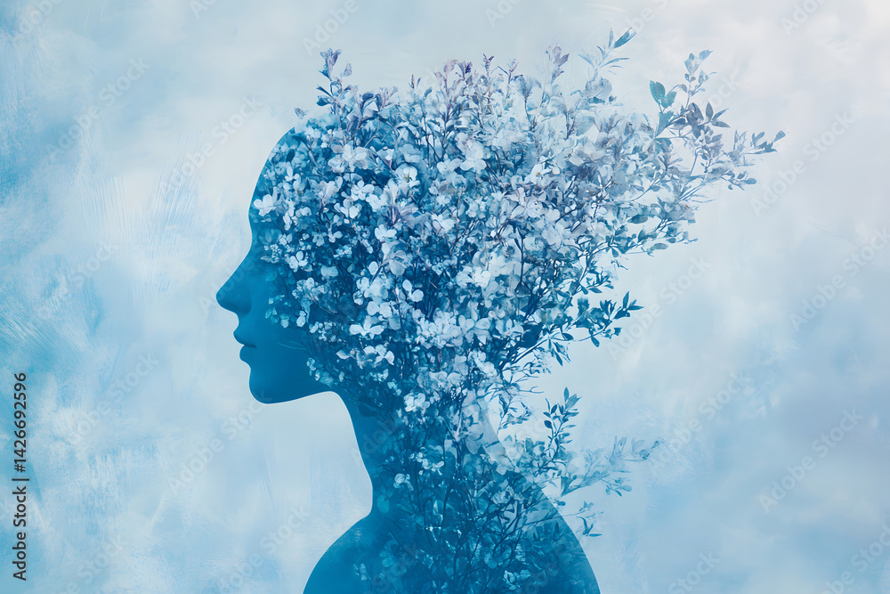abstract botanical illustration of human silhouette combined with flowers, rendered in sage light blue, to represent emotional balance determination, freshness, freedom and intellectual awareness.