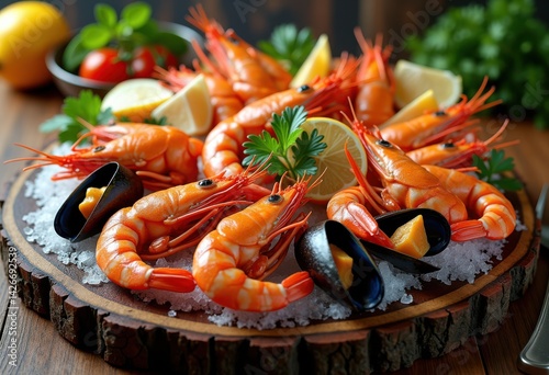 Obraz na płótnie colorful seafood platter fresh ingredients assorted shellfish vibrant presentation textured wood surface, shrimp, crab, clams, lobster, oysters, meal w salonie
