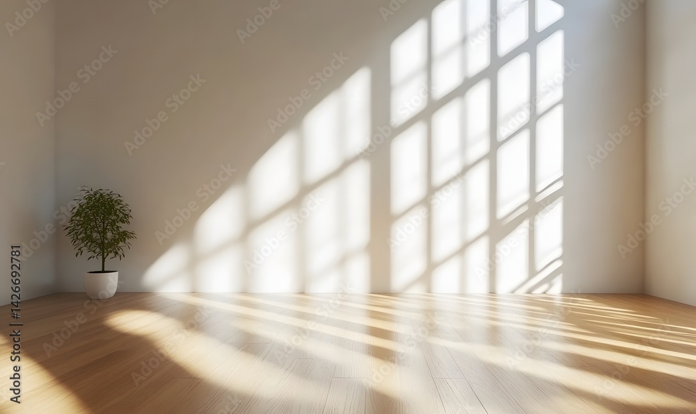 Sunlit Room Interior: Warm sunlight streams through a large window, casting beautiful shadows across a light wood floor and minimalist white walls.
