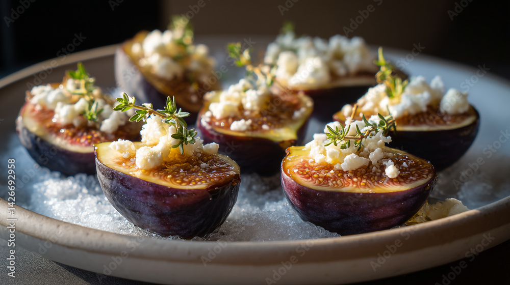 Close up of figs cut in half topped with cheese and herbs on a bed of ice on a plate Close up of figs cut in half topped with cheese and herbs on a bed of ice on a plate