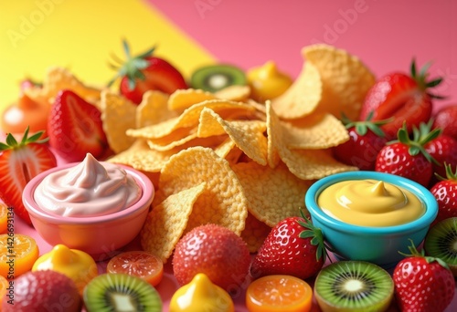 Obraz na płótnie colorful snack assortment displayed vibrant background dips bright melange, chips, fruits, candies, plate, food, party, platter, nibbles, variety w salonie