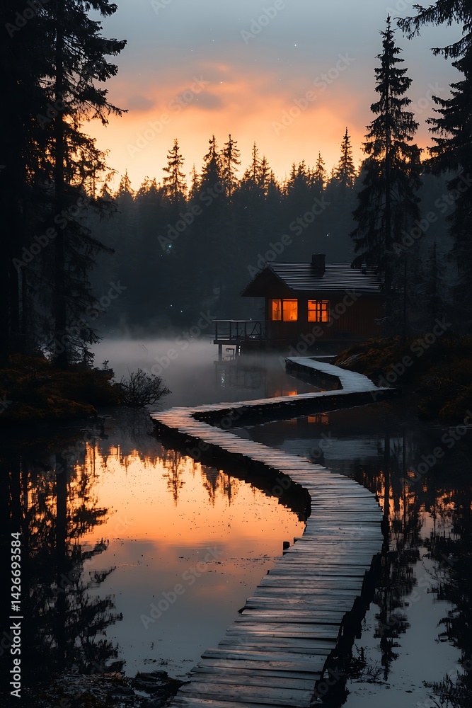Fototapeta premium Cabin Lakeside Sunrise