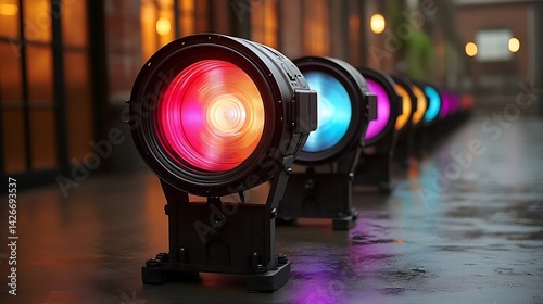 Illuminating spotlights, a vibrant row of colorful theatrical lights.