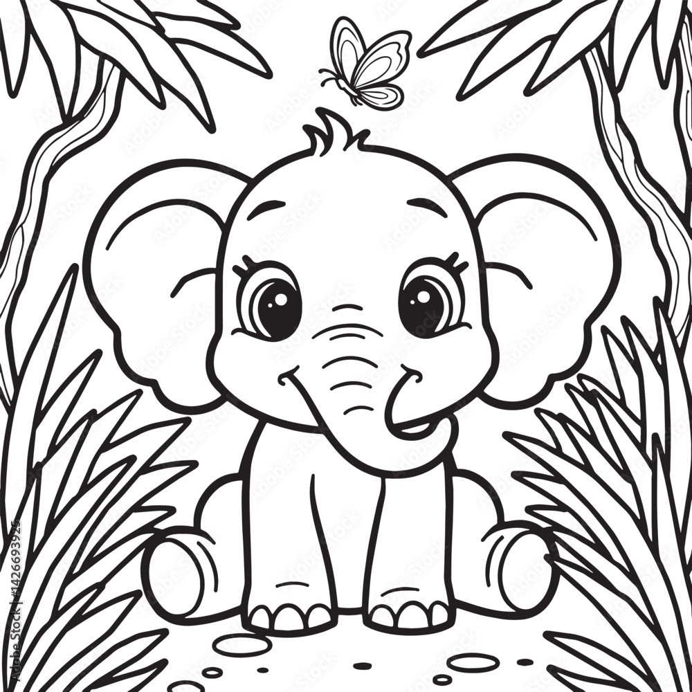 Obraz premium Coloring page for liitle kids with a cute Elephant in the jungle
