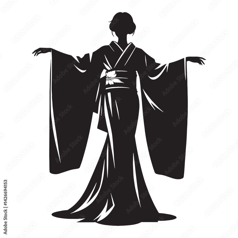 Obraz premium Elegant Kimono silhouette, timeless Japanese tradition – Kimono illustration – Minimalist Kimono vector – Ladies dress silhouette