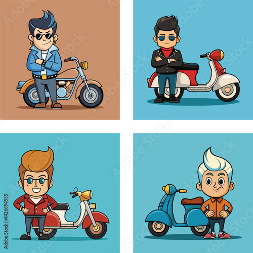Cartoon Motorbike Riders With Retro Scooters And Classic Motorcycles Collection Set