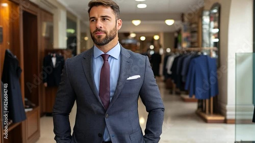 Wallpaper Mural Stylish Man in Tailored Blue Suit Stands in Upscale Clothing Store with Professional Demeanor Torontodigital.ca