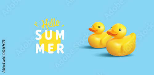 Hello summer. Yellow realistic plastic ducklings floating on water. Modern banner for vacation, relaxation, and resort concepts. Vector illustration.