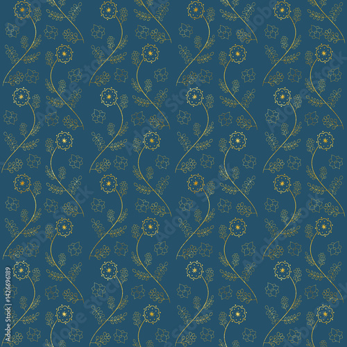 Wallpaper Mural Seamless floral pattern background with simple golden line art flowers and leaves on a blue backdrop Torontodigital.ca