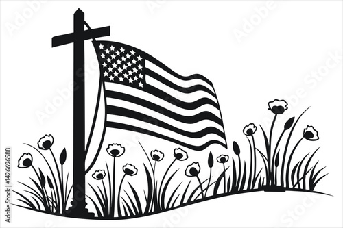 Minimalist silhouette of a battlefield cross with flowing American flag and wild poppies