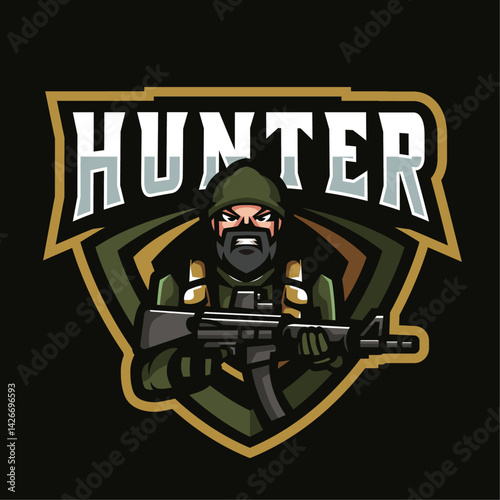 Hunter Logo: A rugged, determined soldier in a stylized logo design, ready for action with his rifle. The image evokes strength, precision, and readiness for a mission.