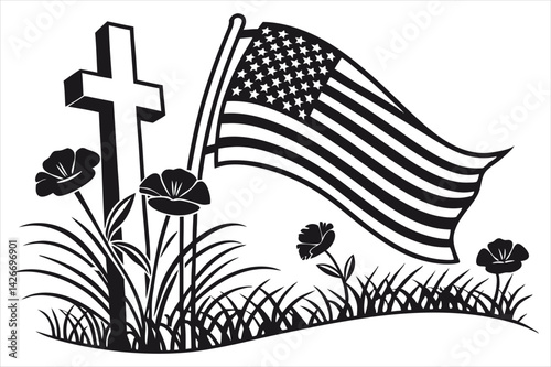 Minimalist silhouette of a battlefield cross with flowing American flag and wild poppies