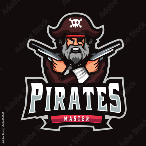 Pirate Illustration: A fierce pirate illustration holding guns, epitomizing adventure and the thrill of the high seas. A graphic mascot on the emblem.