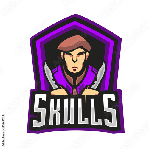 SKULLS Logo: A menacing logo of a character with crossed knives, perfect for gaming and edgy branding.