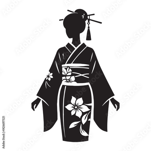 Charming Yukata silhouette, ideal for casual wear – Yukata illustration – Minimalist Yukata vector – Ladies dress silhouette

