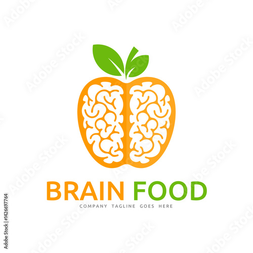Brain Food Logo:  A vibrant logo design featuring an apple shaped like a brain, symbolizing nourishment for the mind. The design incorporates green leaves, suggesting freshness and health.