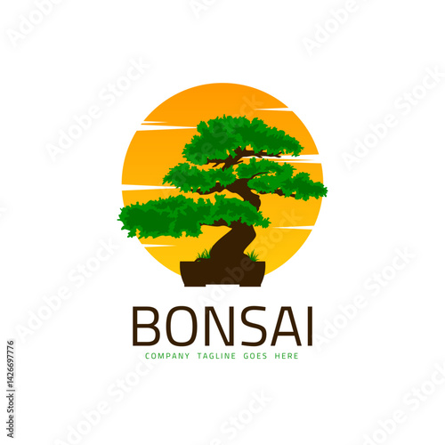 Elegant Bonsai Tree Silhouette: A stylized bonsai tree with lush green foliage set against a vibrant sun circle, symbolizing growth, harmony, and the beauty of nature in a minimalistic design.