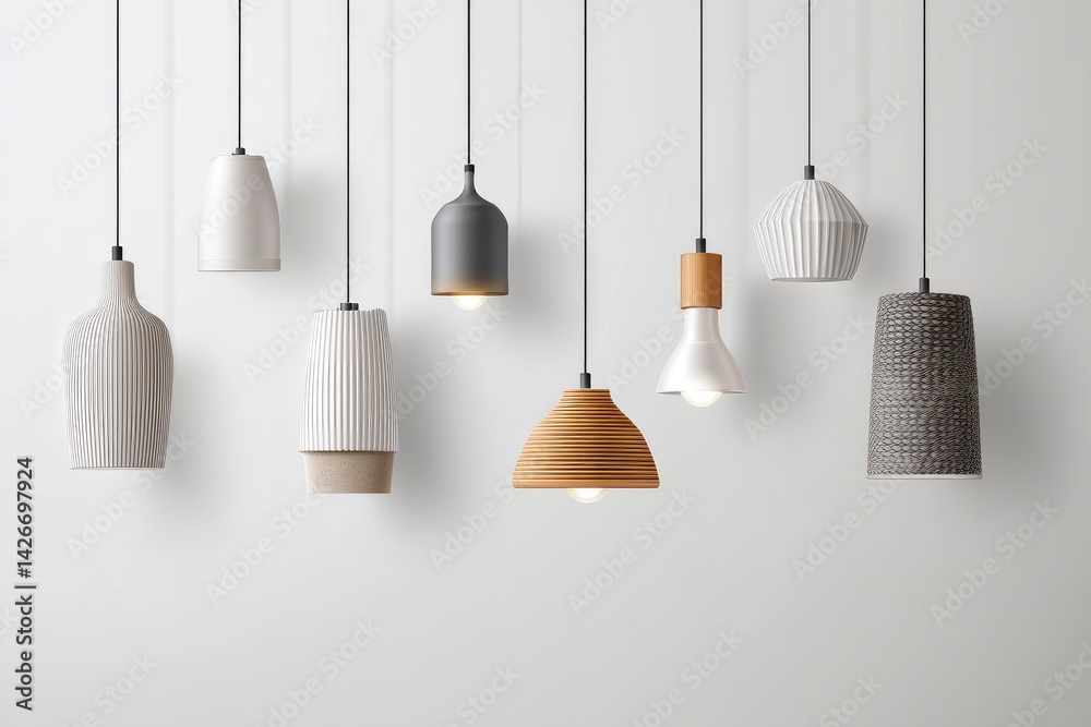 Collection of modern pendant lights in various shapes and materials. Collection of modern pendant lights in various shapes and materials.
