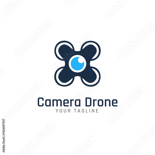 Abstract Camera Drone Logo: Minimalist logo design featuring a stylized drone with a central camera lens, in a clean and modern aesthetic.