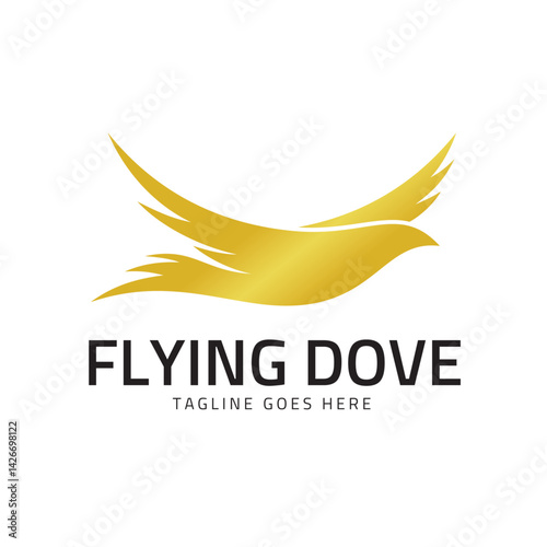 Elegant Golden Dove Emblem: A minimalist, golden dove gracefully soars, its wings outstretched in a symbol of peace, freedom, and hope, conveying a message of elegance and sophistication.