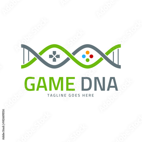 Game DNA:A vivid design that showcases intertwined strands reminiscent of a DNA double helix, cleverly incorporating game controllers, buttons and the words "Game DNA"