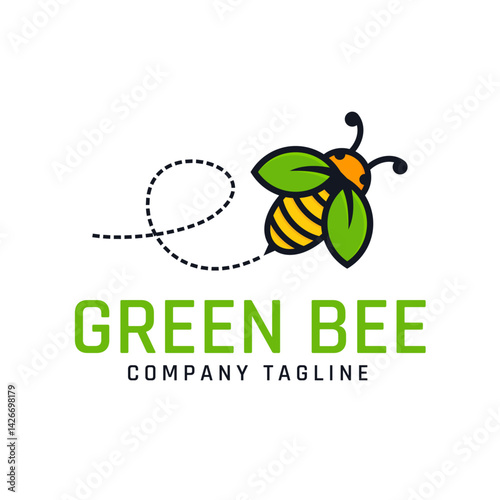 Green Bee Logo Concept: A clever logo concept featuring a bee with green leaf accents, embodying nature and organic principles, complemented by a dotted flight path.