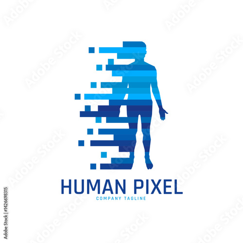 Digital Human Silhouette: A blue human silhouette dissolving into pixelated fragments, representing the fusion of technology and the human form.