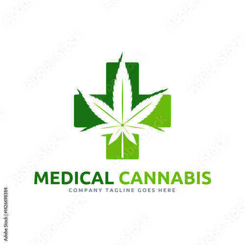 Medical Cannabis Logo: A stylized logo featuring a cannabis leaf superimposed over a medical cross, symbolizing the intersection of medicine and herbal remedies. The design conveys wellness, health.