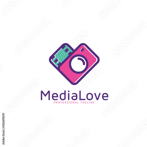 Media Love Logo: Heart-shaped camera logo design with film reel, symbolizing passion for photography and videography. A vibrant and playful design perfect for media companies or individuals. 
