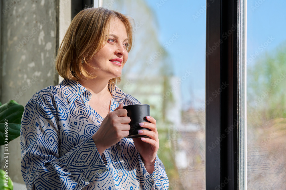 Portrait of beautiful middle-aged woman with cup in her hands looking out window