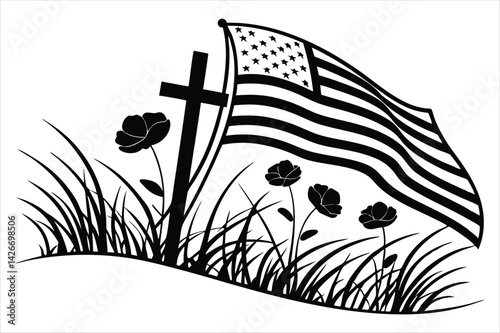 Minimalist silhouette of a battlefield cross with flowing American flag and wild poppies