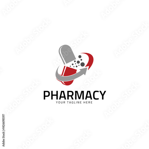 Pharmacy Logo Illustration: A stylized pharmacy logo features a graphic representation of a medical pill with an arrow, symbolizing healing and wellness. 
