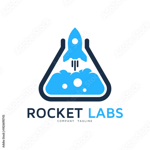 Rocket Labs Emblem: A dynamic logo design, symbolizing innovation with a rocket blasting off from a chemical flask.  Embodying concepts of technological advancement and scientific exploration.