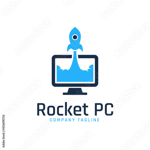 Rocket PC Logo: A dynamic logo design showcases a stylized rocket launching from a computer screen, symbolizing technological advancement and innovation. 