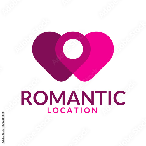 Romantic location graphic: A modern and elegant logo design symbolizing love and place, featuring interconnected hearts and a pinpoint, perfect for representing romantic venues or locations. 