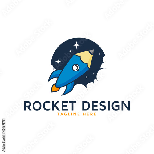 Creative Rocket Design: A stylized rocket with a pencil element is set against a background of a starry night. The overall aesthetic blends creativity and innovation.