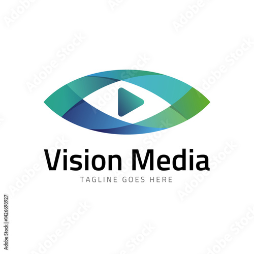 Vision Media Logo: A modern, abstract logo design featuring a stylized eye composed of interwoven shapes and a play button, symbolizing vision and multimedia capabilities.