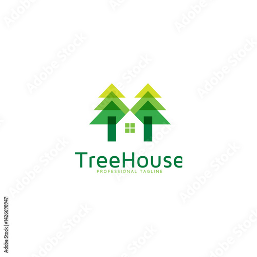 Green Treehouse logo: A simple, yet striking logo design depicting a treehouse nestled between two stylized evergreen trees in a fresh, vibrant green palette.
