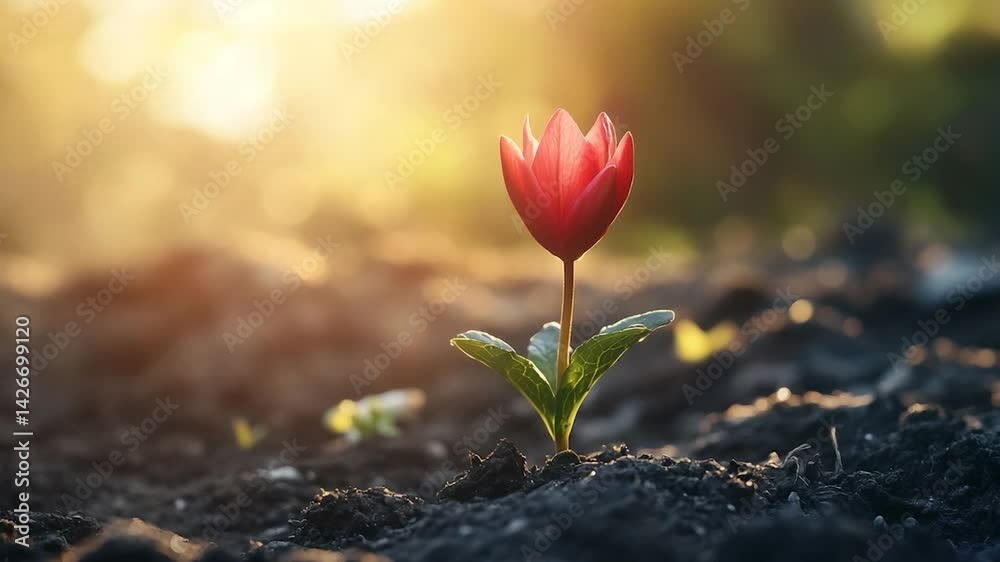 Vibrant red flower blooming in soft sunlight on a garden soil background