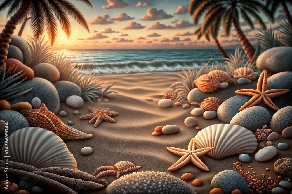 Serene beach landscape featuring seashells and sunset hues