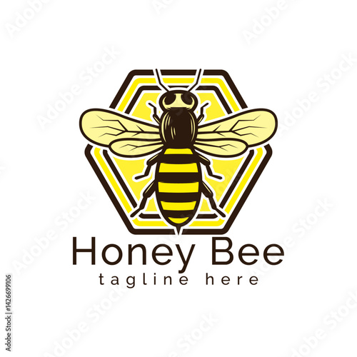 Honey Bee Emblem Logo Design: A detailed honey bee icon against a honeycomb background, with text, ideal for branding and visual concepts.