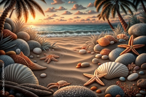 Obraz na płótnie Serene beach landscape featuring seashells and sunset hues w salonie