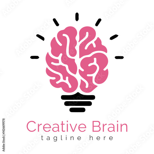 Creative Brain Logo: A pink brain shaped like a lightbulb, symbolizing innovation and creative thinking.  The simple design is perfect for startups and businesses focused on ideas and solutions. 