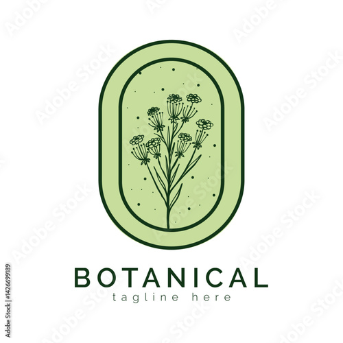 Elegant Botanical Logo: A minimalist logo design of a delicate botanical illustration, featuring an intricately drawn plant within a sleek, oval frame, complemented by a simple.