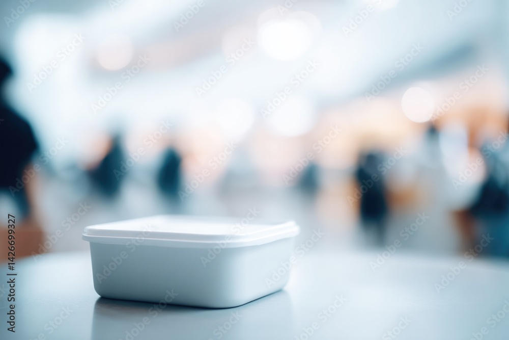 minimalistic lunchbox sits on table with copy space while blurred people move in background minimalistic lunchbox sits on table with copy space while blurred people move in background