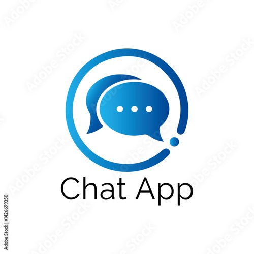 Chat App Icon Logo: A visually striking chat app icon, featuring two speech bubbles intertwined in a minimalist, digital design, showcasing communication, interaction and conversation. 