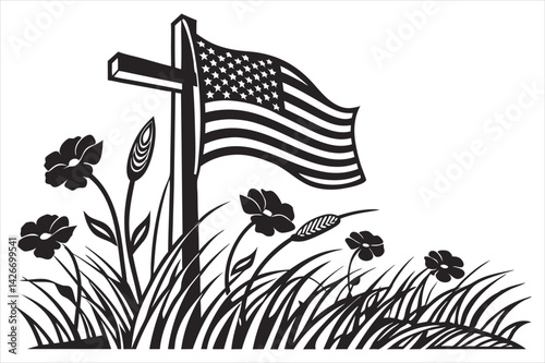 Minimalist silhouette of a battlefield cross with flowing American flag and wild poppies
